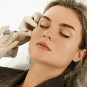 Woman receiving Jeuveau injections for wrinkle reduction.