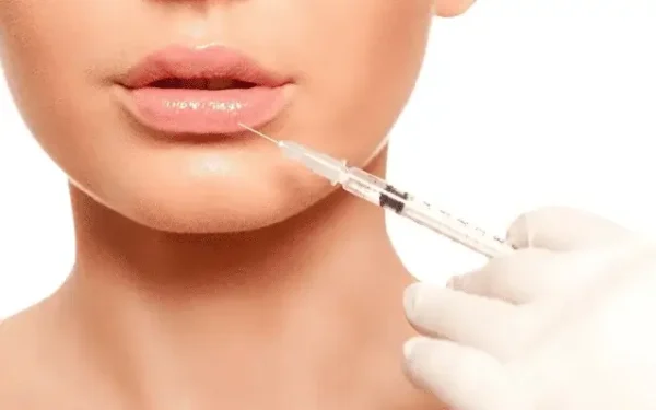 Woman receiving lip filler treatment for hydration and volume.