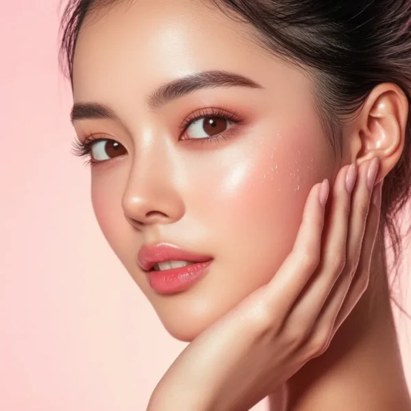 A woman with clear, glowing skin looks towards the camera, with a hand gently resting on her cheek, illustrating the results of a K-Beauty inspired facial.